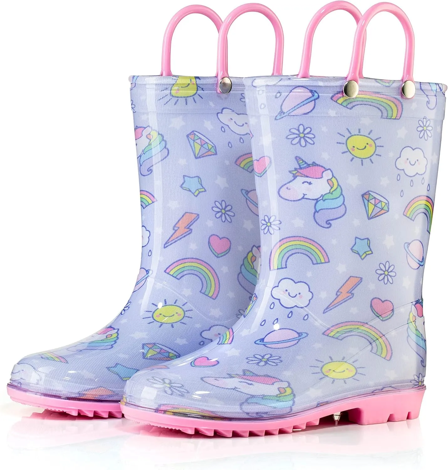 Puddle Play Toddler and Kids Waterproof PVC Rain Boots with Easy-On Handles – Lightweight Slip-Resistant Outdoor Boots for Boys and Girls