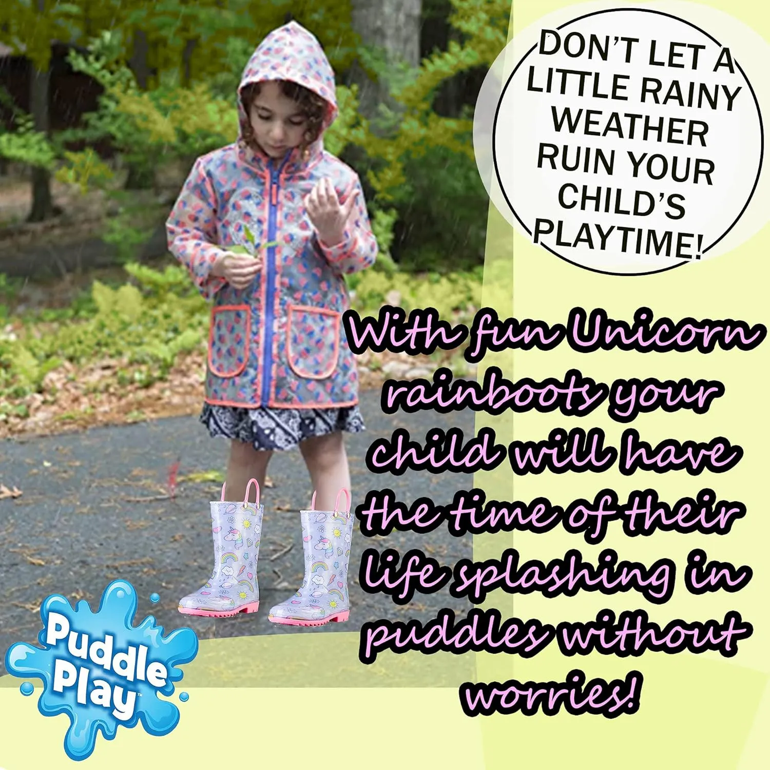 Puddle Play Toddler and Kids Waterproof PVC Rain Boots with Easy-On Handles – Lightweight Slip-Resistant Outdoor Boots for Boys and Girls
