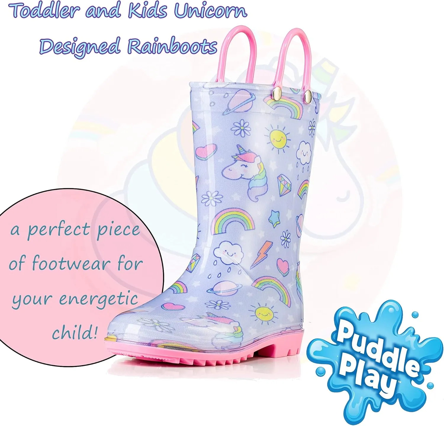 Puddle Play Toddler and Kids Waterproof PVC Rain Boots with Easy-On Handles – Lightweight Slip-Resistant Outdoor Boots for Boys and Girls