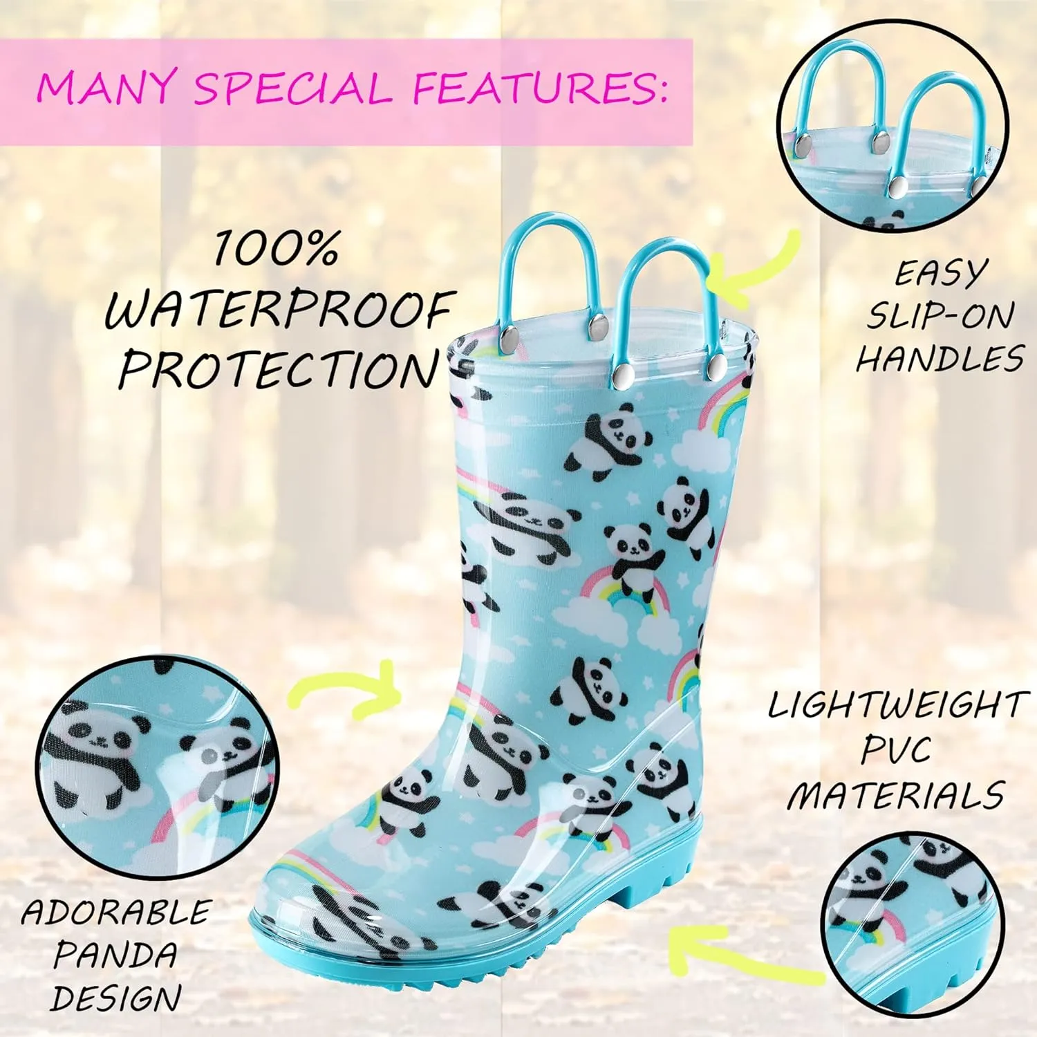 Puddle Play Toddler and Kids Waterproof PVC Rain Boots with Easy-On Handles – Lightweight Slip-Resistant Outdoor Boots for Boys and Girls