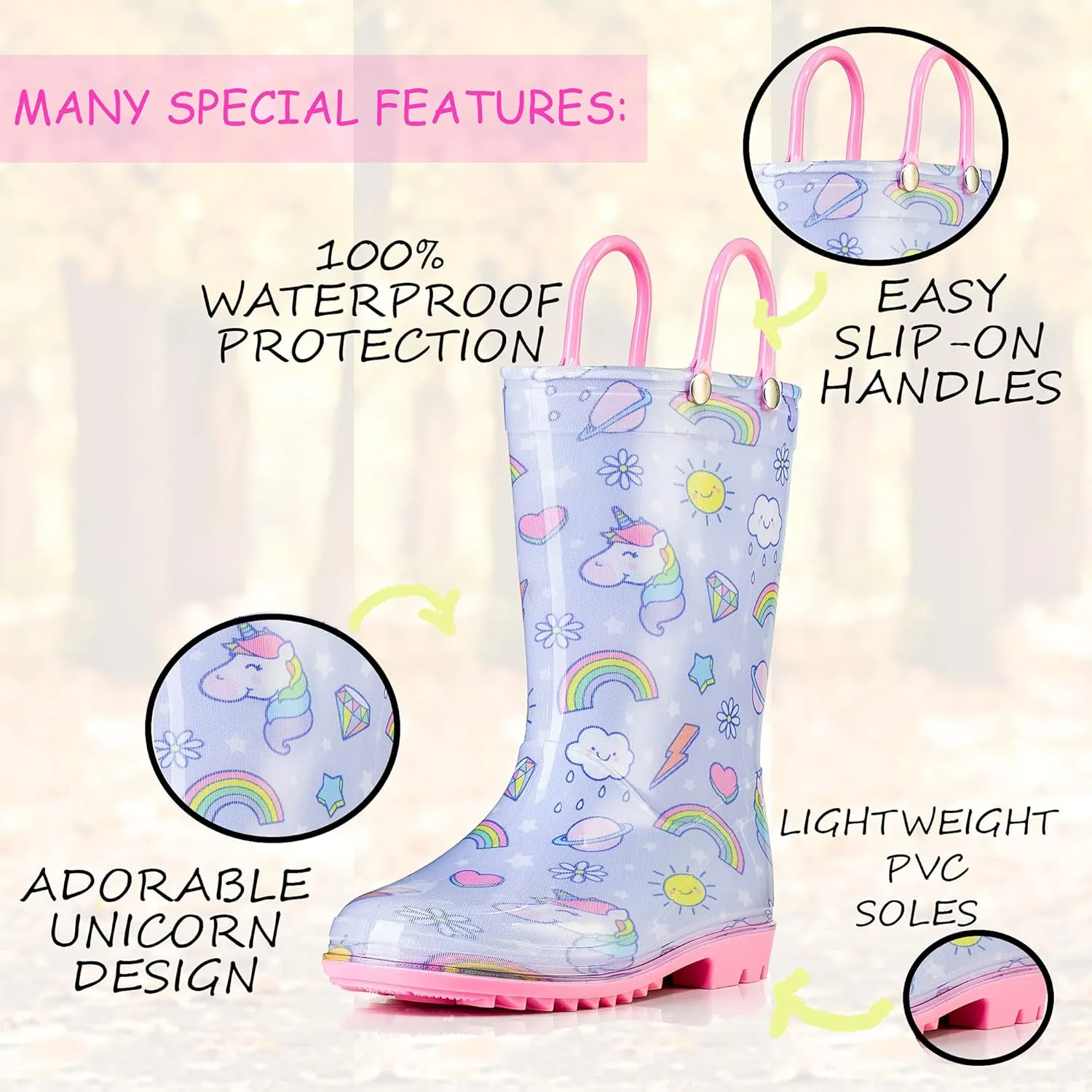 Puddle Play Toddler and Kids Waterproof PVC Rain Boots with Easy-On Handles – Lightweight Slip-Resistant Outdoor Boots for Boys and Girls