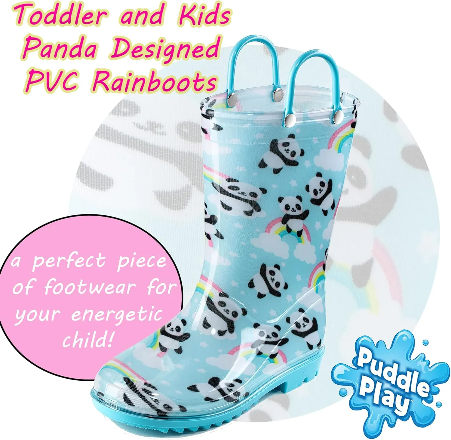 Puddle Play Toddler and Kids Waterproof PVC Rain Boots with Easy-On Handles – Lightweight Slip-Resistant Outdoor Boots for Boys and Girls