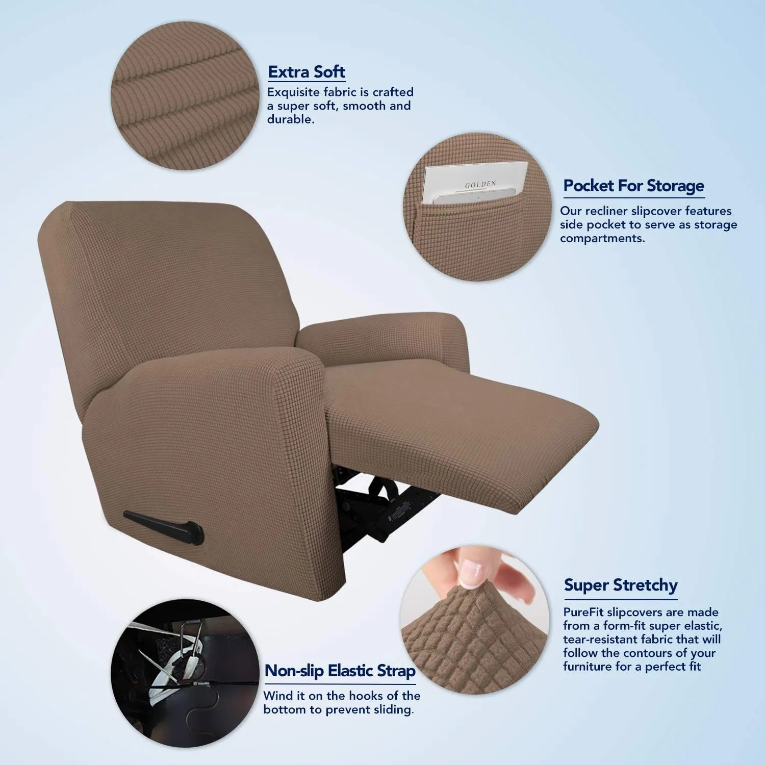 PureFit Stretch Recliner Sofa Slipcover with Pocket – Spandex Jacquard Non Slip Soft Couch Sofa Cover, Washable Furniture Protector with Elastic Bottom for Kids (Recliner, Camel)