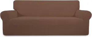 PureFit Stretch Sofa Slipcover – Spandex Jacquard Non Slip Soft Couch Sofa Cover, Washable Furniture Protector with Non Skid Foam and Elastic Bottom for Kids (Sofa, Brown)