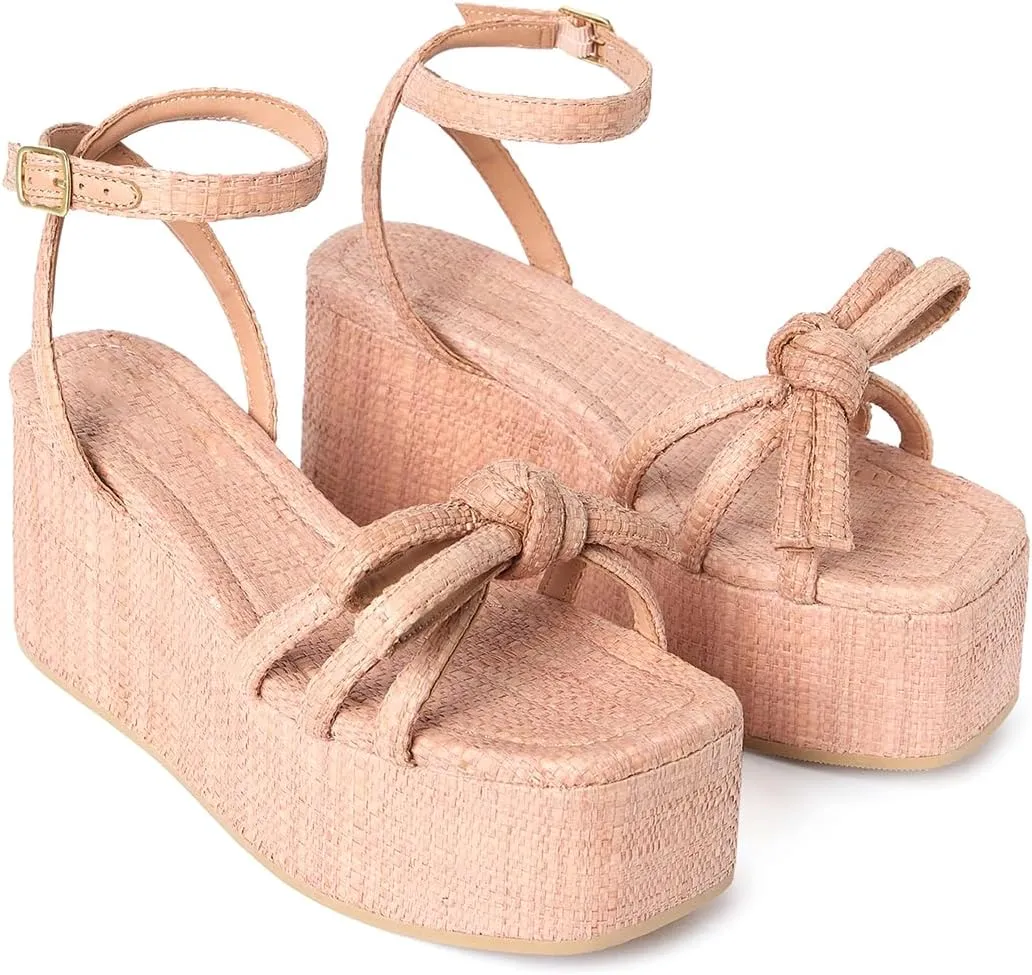 Raffia Platform Sandals for Women,Bow Ankle Strappy Espadrille Wedges Sandals Comfortable Square Open Toe Straw Sandals