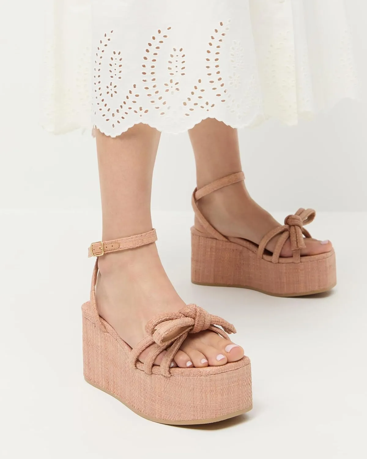 Raffia Platform Sandals for Women,Bow Ankle Strappy Espadrille Wedges Sandals Comfortable Square Open Toe Straw Sandals