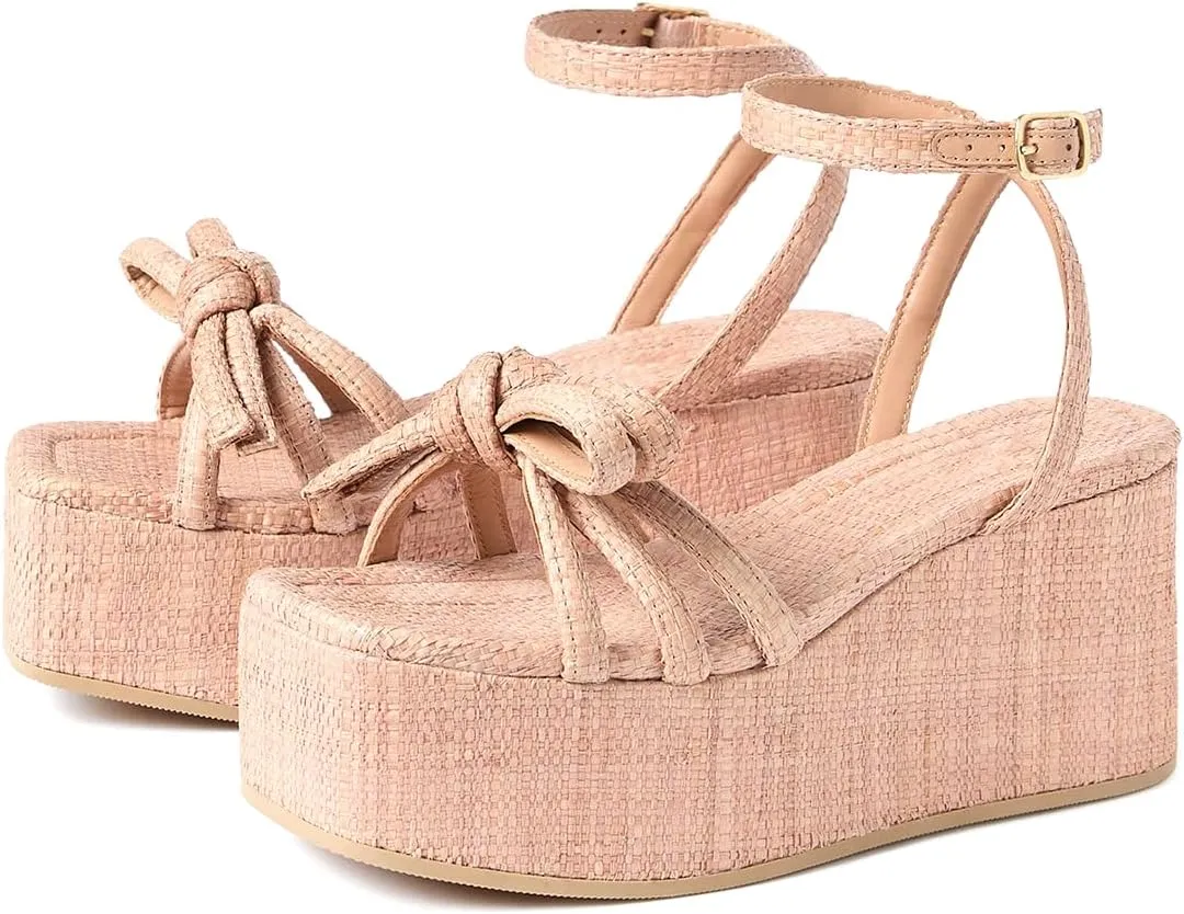 Raffia Platform Sandals for Women,Bow Ankle Strappy Espadrille Wedges Sandals Comfortable Square Open Toe Straw Sandals
