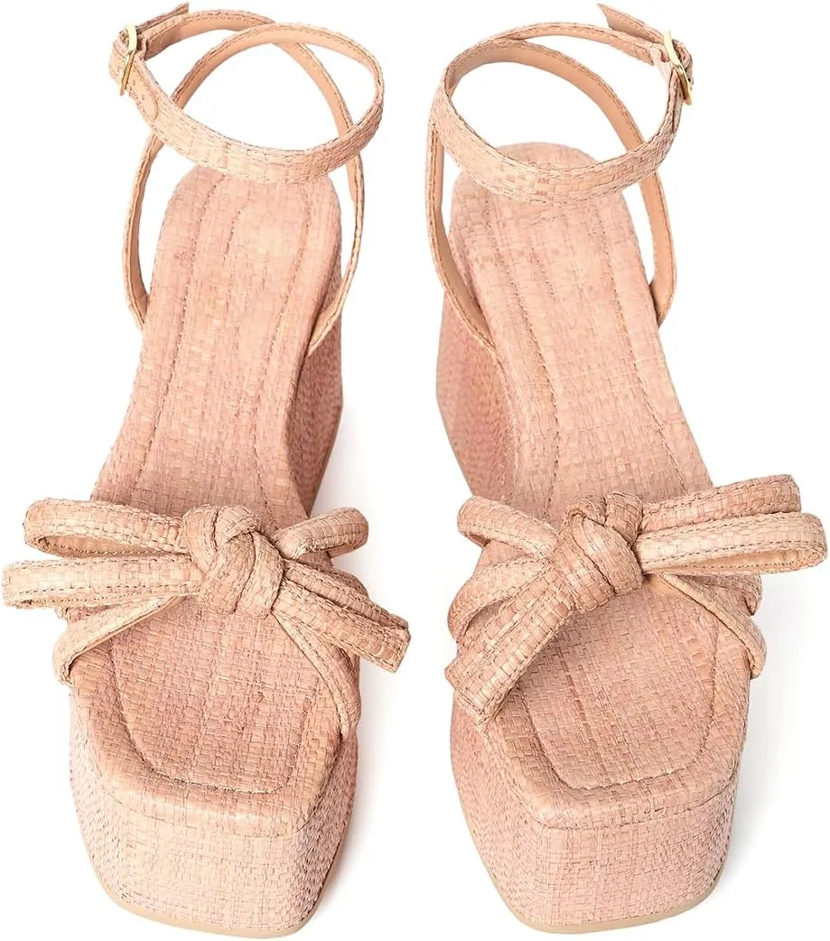 Raffia Platform Sandals for Women,Bow Ankle Strappy Espadrille Wedges Sandals Comfortable Square Open Toe Straw Sandals