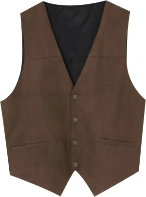 Red Vest For Men Plays Suede Retro V Neck Solid Color Pocket Button Leather Vest Jacket Vest Men'S Outerwear Vests