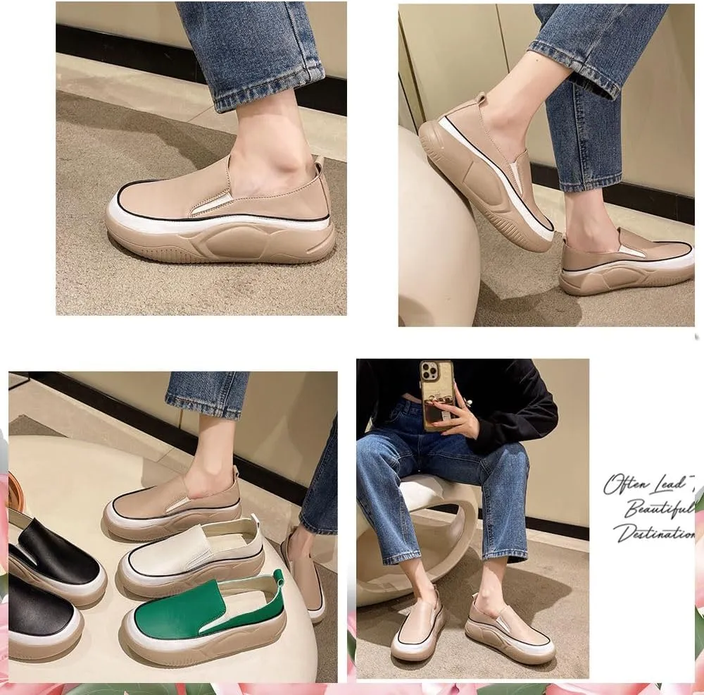 Round Toe Platform Casual Sneakers,Non-Slip Heighten Low Top Comfortable Walking Loafers Slip-On Casual Shoes Comfortable Retro Fashion Walking