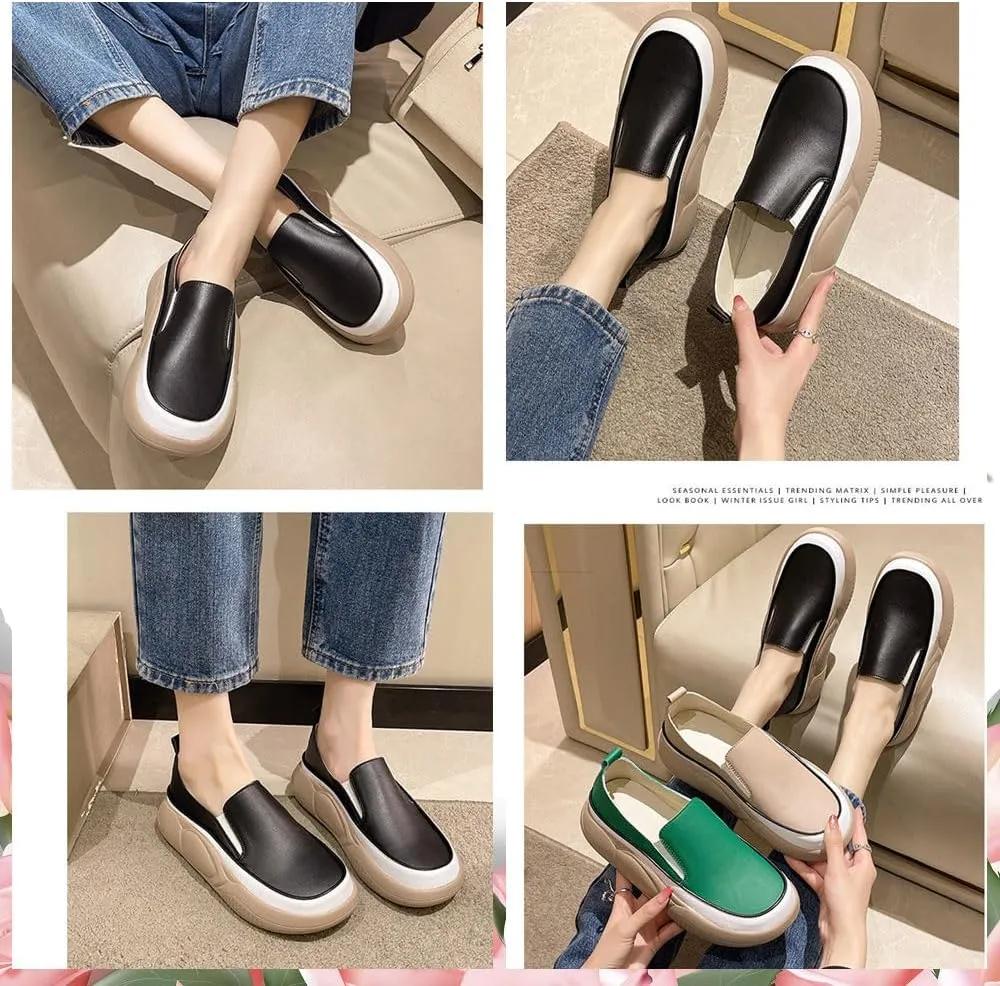 Round Toe Platform Casual Sneakers,Non-Slip Heighten Low Top Comfortable Walking Loafers Slip-On Casual Shoes Comfortable Retro Fashion Walking