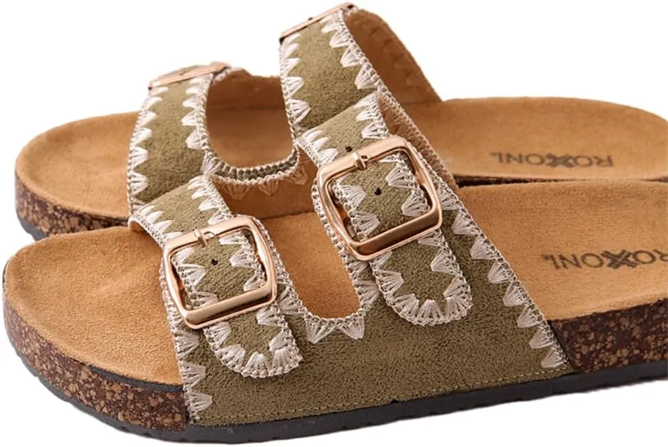 Roxoni Women's Fashion Cork Sole Double Buckle Indoor/Outdoor Sandal