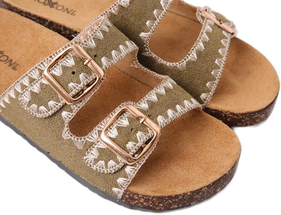 Roxoni Women's Fashion Cork Sole Double Buckle Indoor/Outdoor Sandal