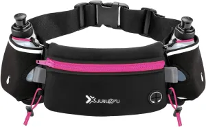 Running Belt with Water Bottles(2 x 175ML), Hydration Belt Waterproof Waist Pack Bag Fits iPhones Adjustable Sports Waist Pouch for Marathon Running Hiking Cycling, Rose Red