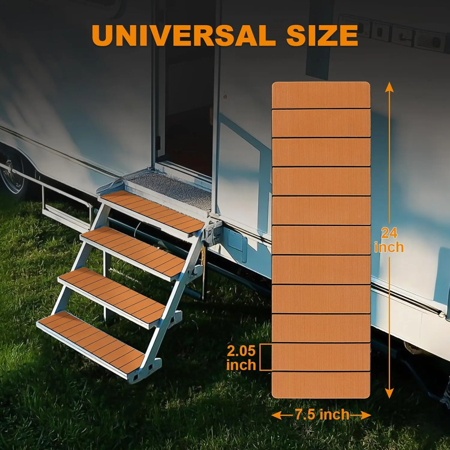 RV Step Covers 4 Pack, EVA Foam RV Stair Covers 24 x 7.5 inches, Non-Slip Trimmable Self Adhesive Camper Step Covers RV Step Carpet Rug for Trailers, Camper, RV, Brown