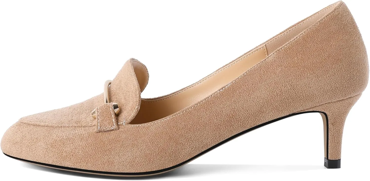 SAMMITOP Womens Kitten Heel Pumps Closed Round Toe Low Heel Slip On Loafer Pumps with Metal Chain Buckle Comfort Dress Work Shoes 2 Inch