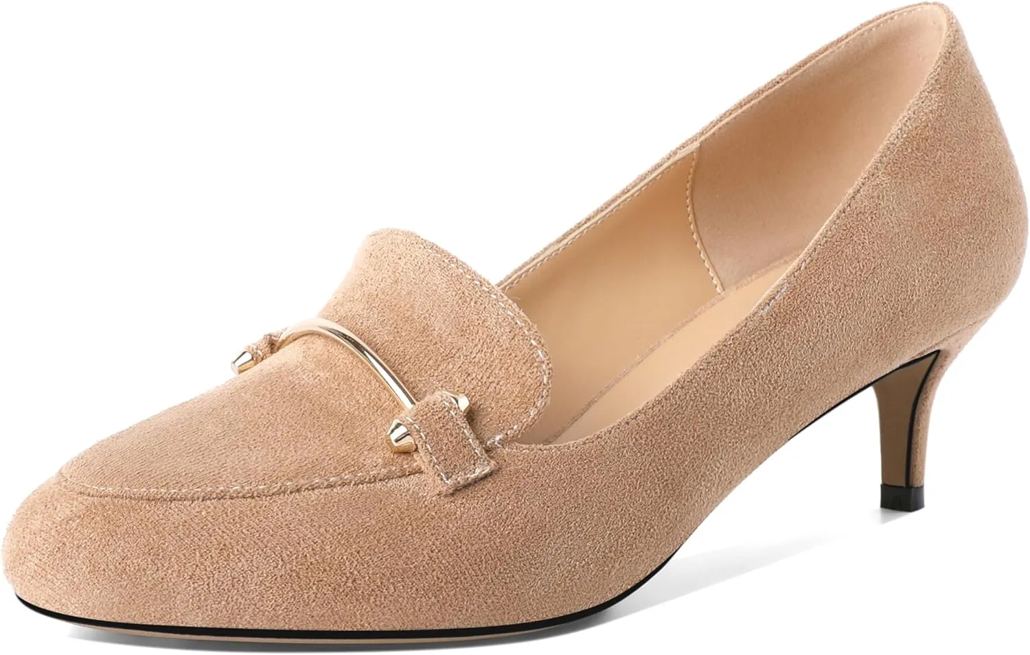 SAMMITOP Womens Kitten Heel Pumps Closed Round Toe Low Heel Slip On Loafer Pumps with Metal Chain Buckle Comfort Dress Work Shoes 2 Inch