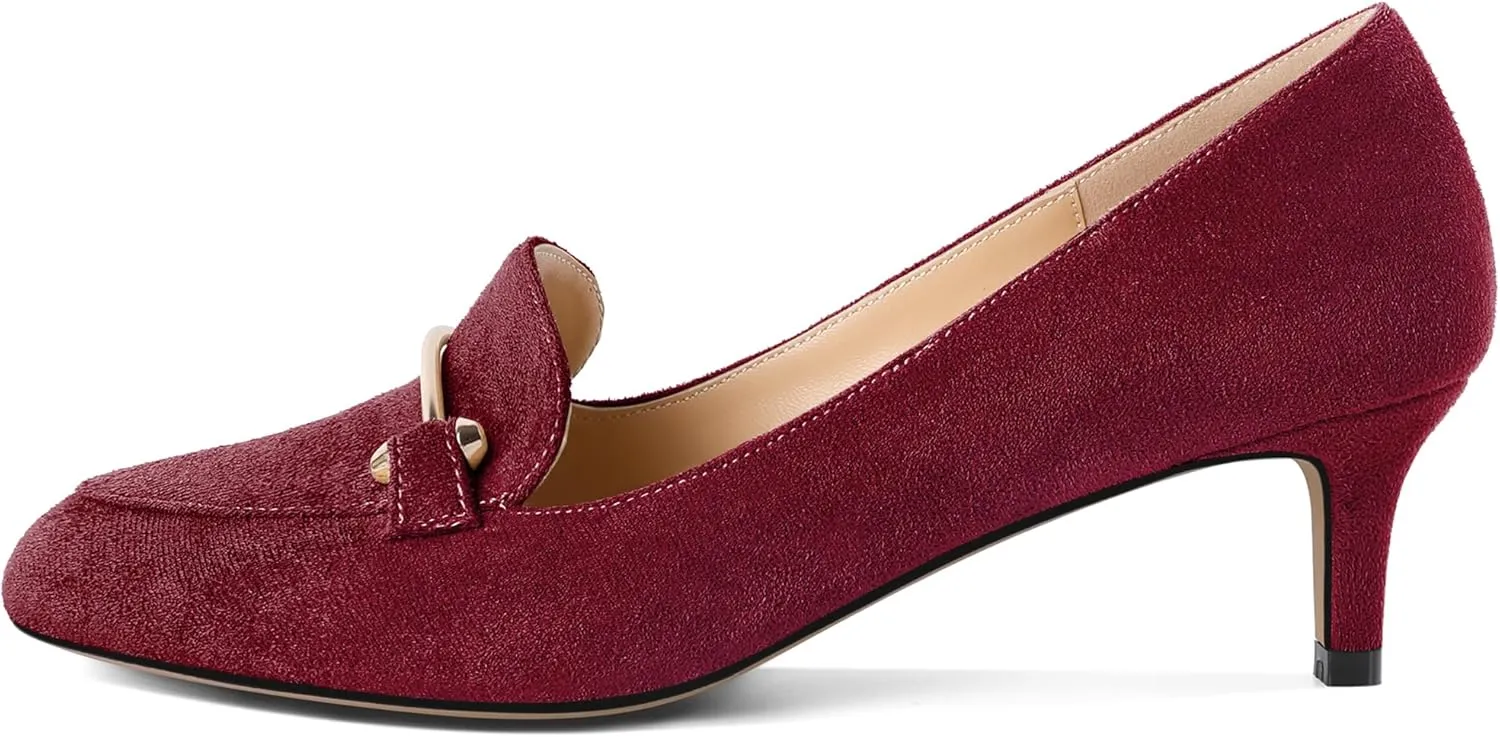 SAMMITOP Womens Kitten Heel Pumps Closed Round Toe Low Heel Slip On Loafer Pumps with Metal Chain Buckle Comfort Dress Work Shoes 2 Inch