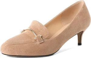 SAMMITOP Womens Kitten Heel Pumps Closed Round Toe Low Heel Slip On Loafer Pumps with Metal Chain Buckle Comfort Dress Work Shoes 2 Inch