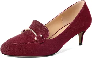SAMMITOP Womens Kitten Heel Pumps Closed Round Toe Low Heel Slip On Loafer Pumps with Metal Chain Buckle Comfort Dress Work Shoes 2 Inch