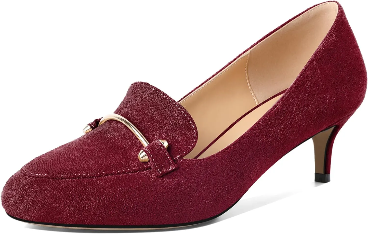 SAMMITOP Womens Kitten Heel Pumps Closed Round Toe Low Heel Slip On Loafer Pumps with Metal Chain Buckle Comfort Dress Work Shoes 2 Inch