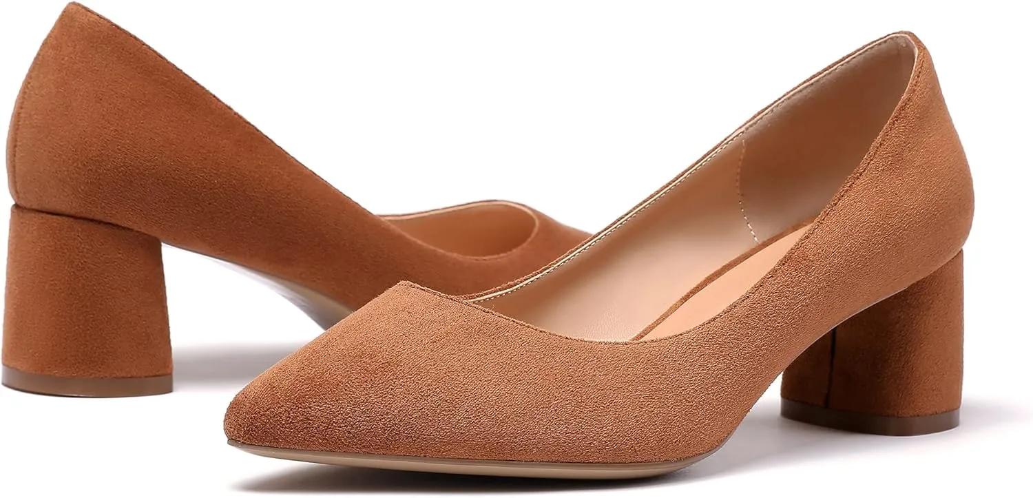 SAMMITOP Women's Women's Chunky Heels Slip-on Pumps Comfortable Leather Mid Heel Pointed Toe Block Office Classic Shoes 5 cm Heel