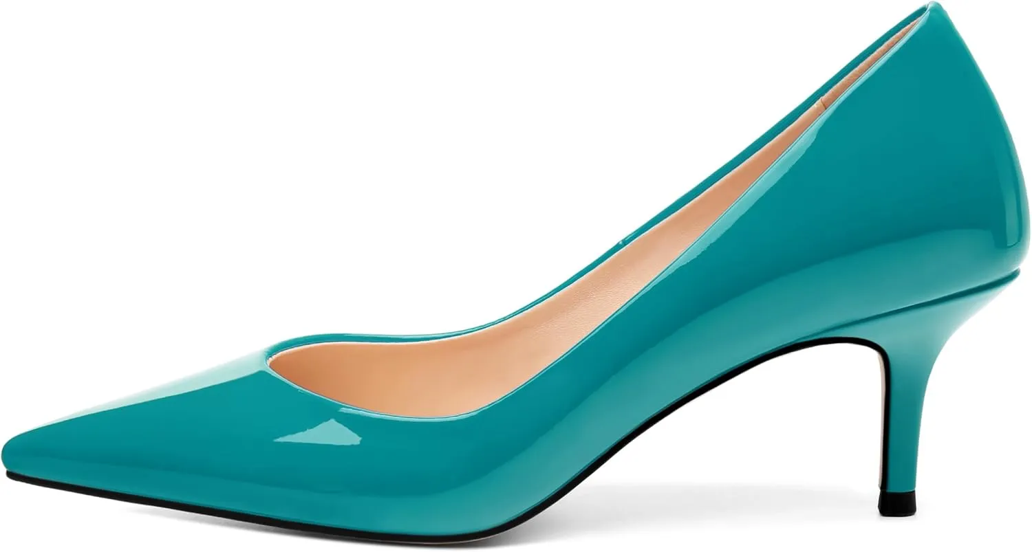 SHOWFOREST Kitten Heels for Women Closed Pointed Toe Patent Leather Low Heel 2.3 Inch Pumps Comfortable Office Party Wedding Slip on Dress Shoes