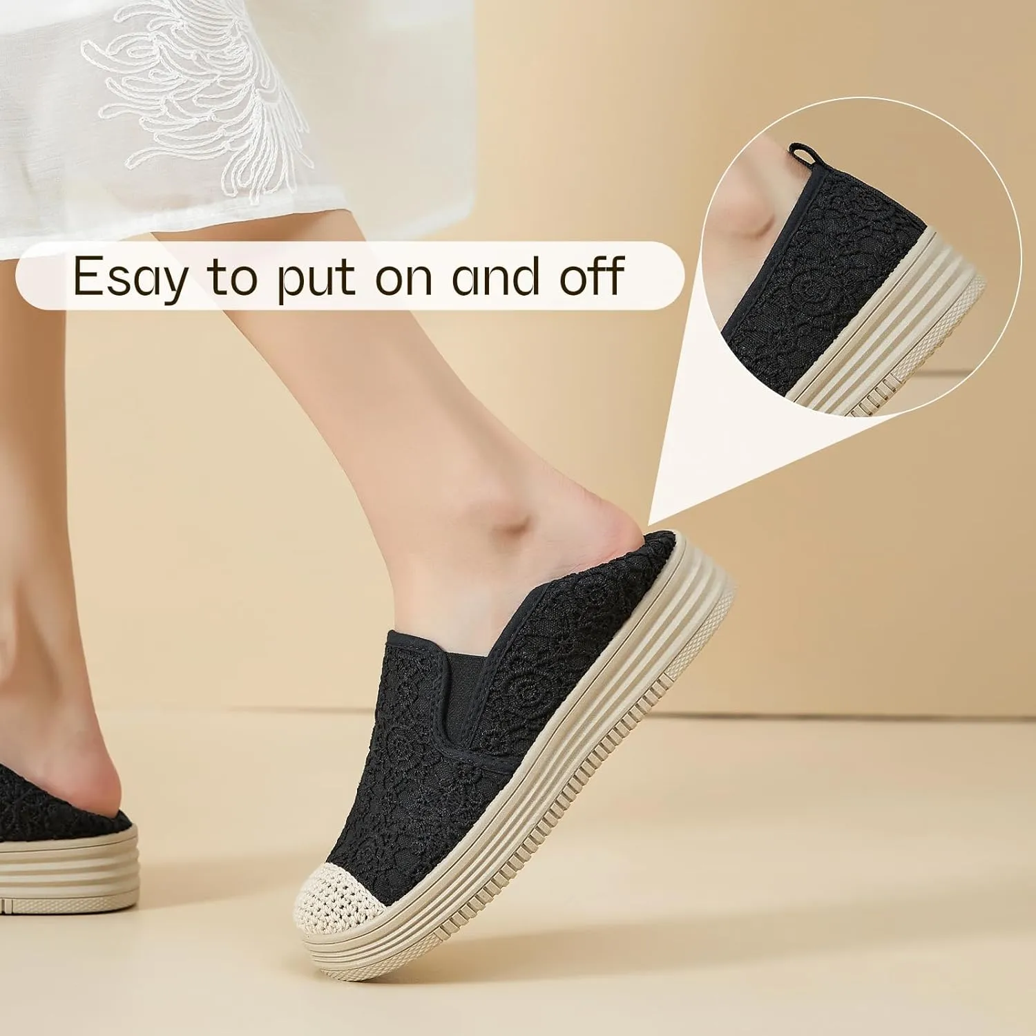 Shupua Womens Slip on Shoes Stylish Lace Casual Loafers Lightweight Platform Sneakers Comfortable Spring Flat Shoes for Office, Work