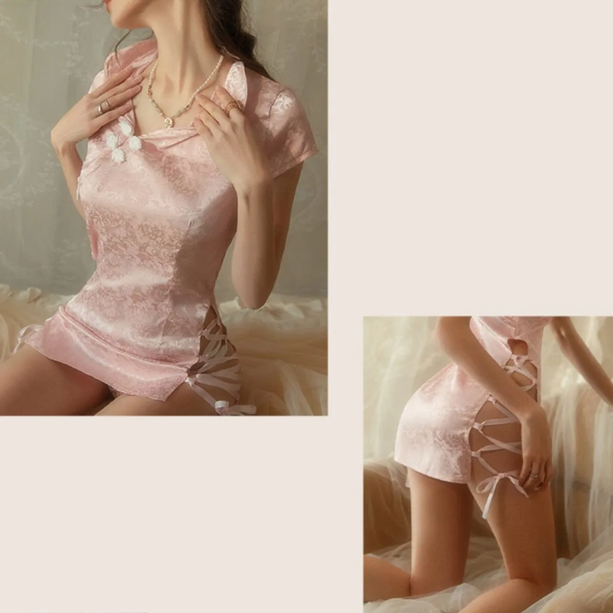 Side slit satin cheongsam slip set