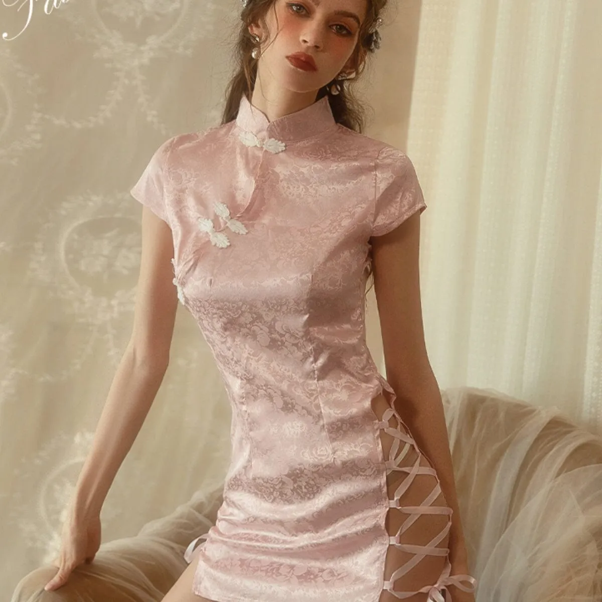 Side slit satin cheongsam slip set