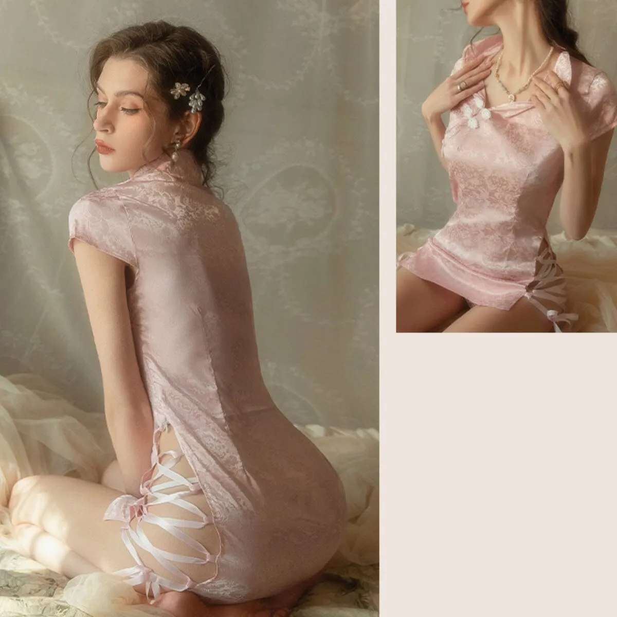 Side slit satin cheongsam slip set