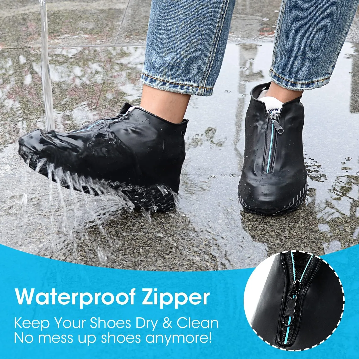 Silicone Shoe Cover Waterproof, Reusable Boot Shoes Covers with Zipper,Non Slip Rain Snow Bowling Travel Indoor Outdoor Overshoe Rubber Protectors for Men Women Kids Protection Galoshes-1 Pair