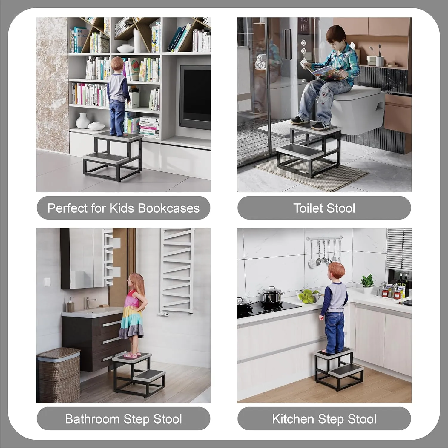 Step Stools for Adults Kids, Heavy Duty Sturdy Foot Stool with Non-Slip Mat, Metal Frame Hold Up to 500 Lbs Capacity for Kitchen Bathroom Bedroon, Cement Gray