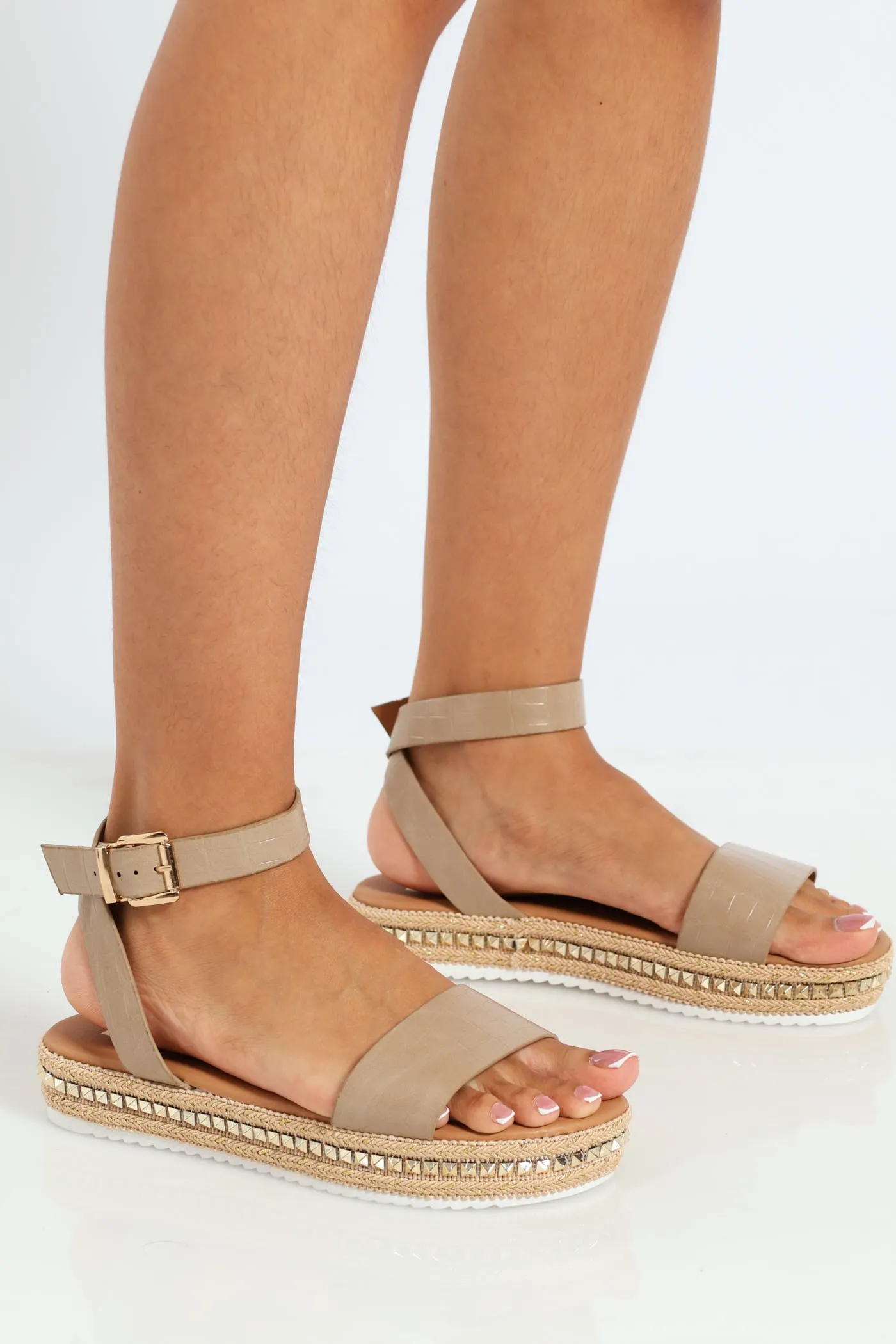 Studded Espadrille Flatform Croc Mule Sandal - Taupe