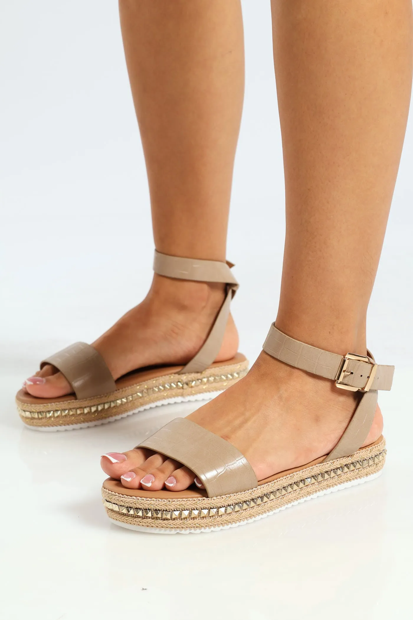 Studded Espadrille Flatform Croc Mule Sandal - Taupe