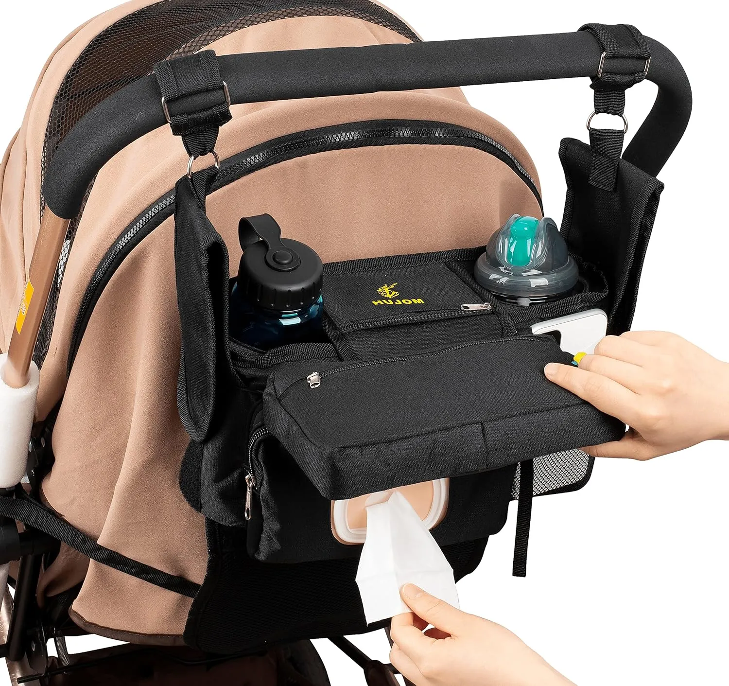 Universal Stroller Organizer with Insulated Cup Holders, Shoulder Strap, Phone Bag and Wipes Pocket. Caddy Fits Uppababy, Baby Jogger, Britax, BOB. Must have Stroller Accessories.