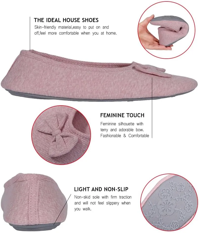 Urbancolor Women's Washable Memory Foam Ballerina Slippers Light Weight Terry Cloth House Shoes/Stretchable Heel Design