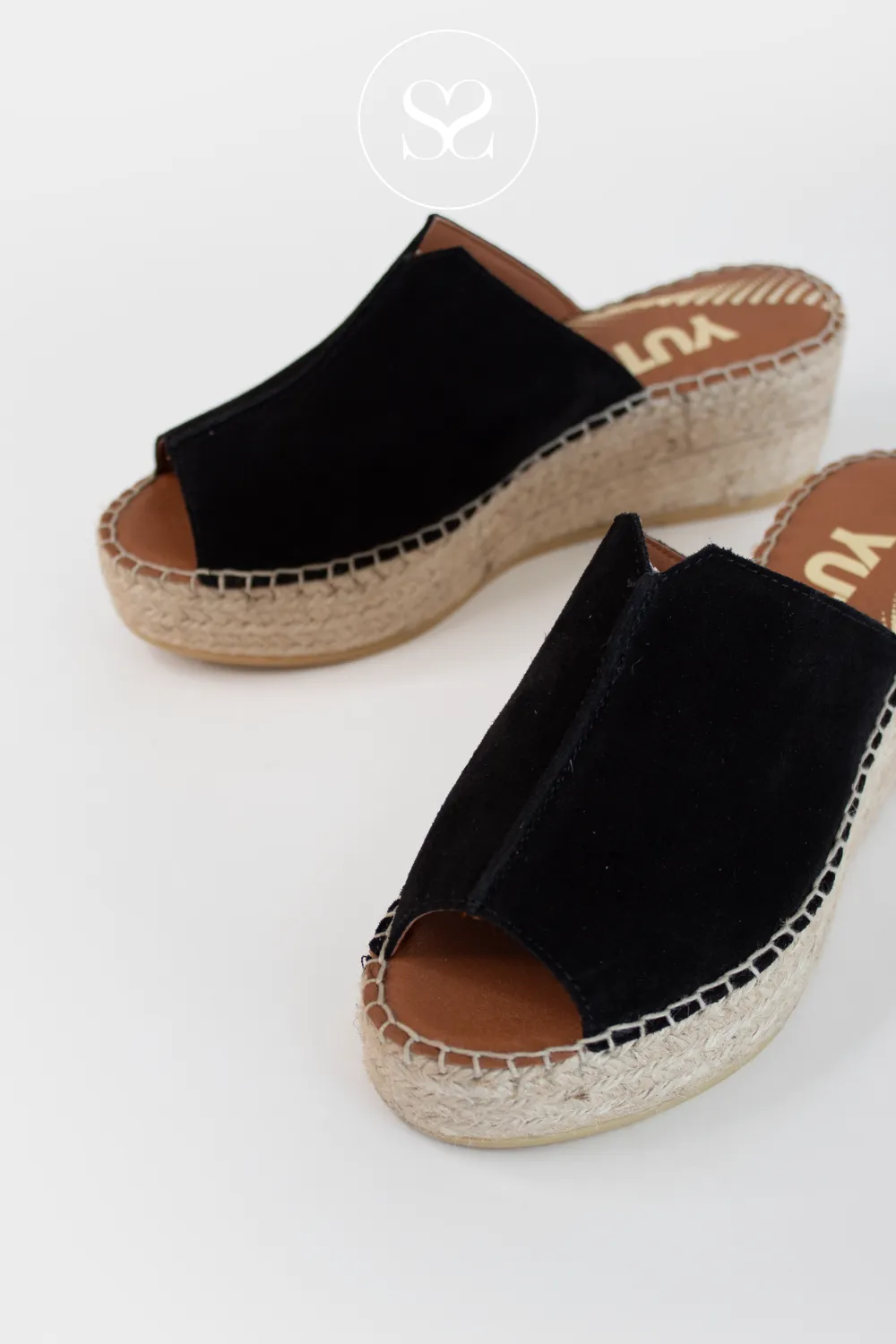 VIGUERA 2275 BLACK SUEDE ESPADRILLE WEDGE SLIDER SANDALS