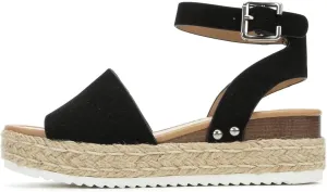 Vintage Espadrille Jute Wrap Flatform Flat Sandal Shark Tooth Eva Outsole 6 M US, Black Nubuck