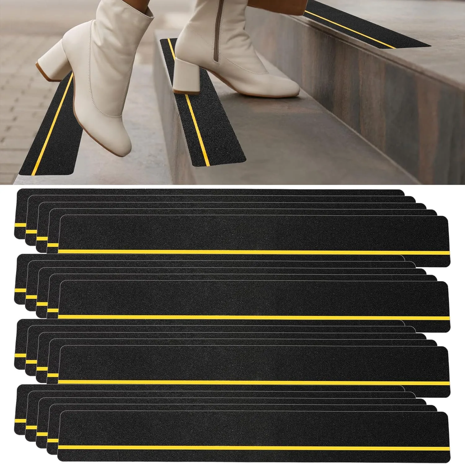 Weysat 20 Pcs 4'' x 30'' Anti Slip Stair Treads with Reflective Stripe Non Slip Grip Tape Adhesive Non Skid Tape Staircase Step Tread for Indoor or Outdoor Stair and Slippery Surface(Yellow)