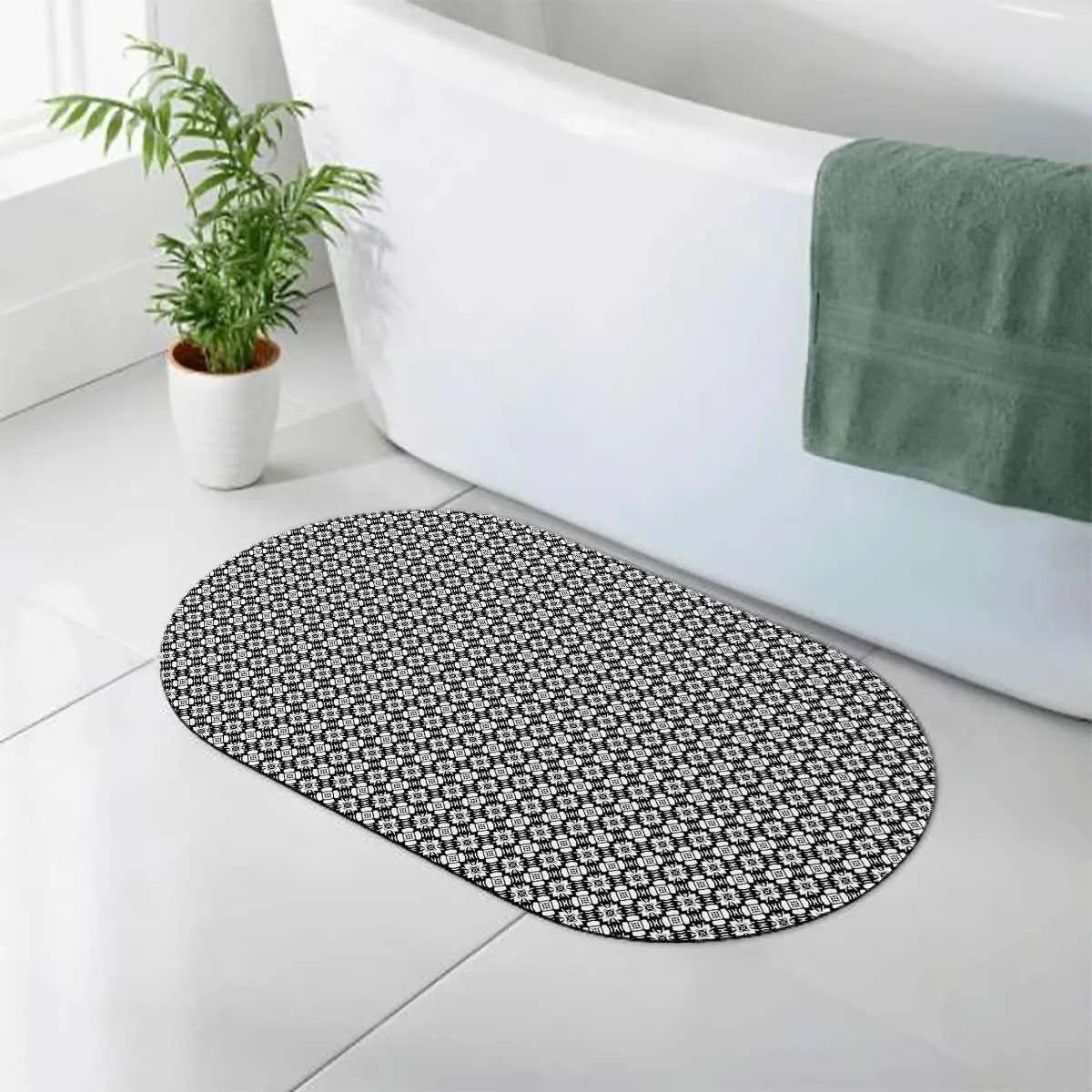 White Black Rubber Diatom Mud Shower Carpet Ancient Oriental Damask Pattern Floral Absorbent Bathroom Floor Mat - Elegant, Natural, Easy to Clean Antique 19.7x31.5 Inches
