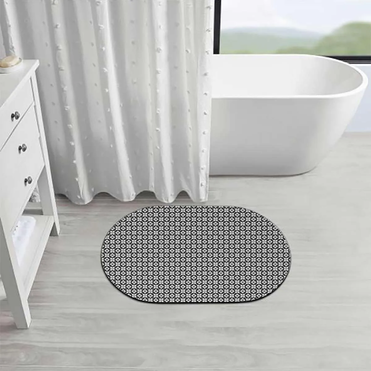 White Black Rubber Diatom Mud Shower Carpet Ancient Oriental Damask Pattern Floral Absorbent Bathroom Floor Mat - Elegant, Natural, Easy to Clean Antique 19.7x31.5 Inches