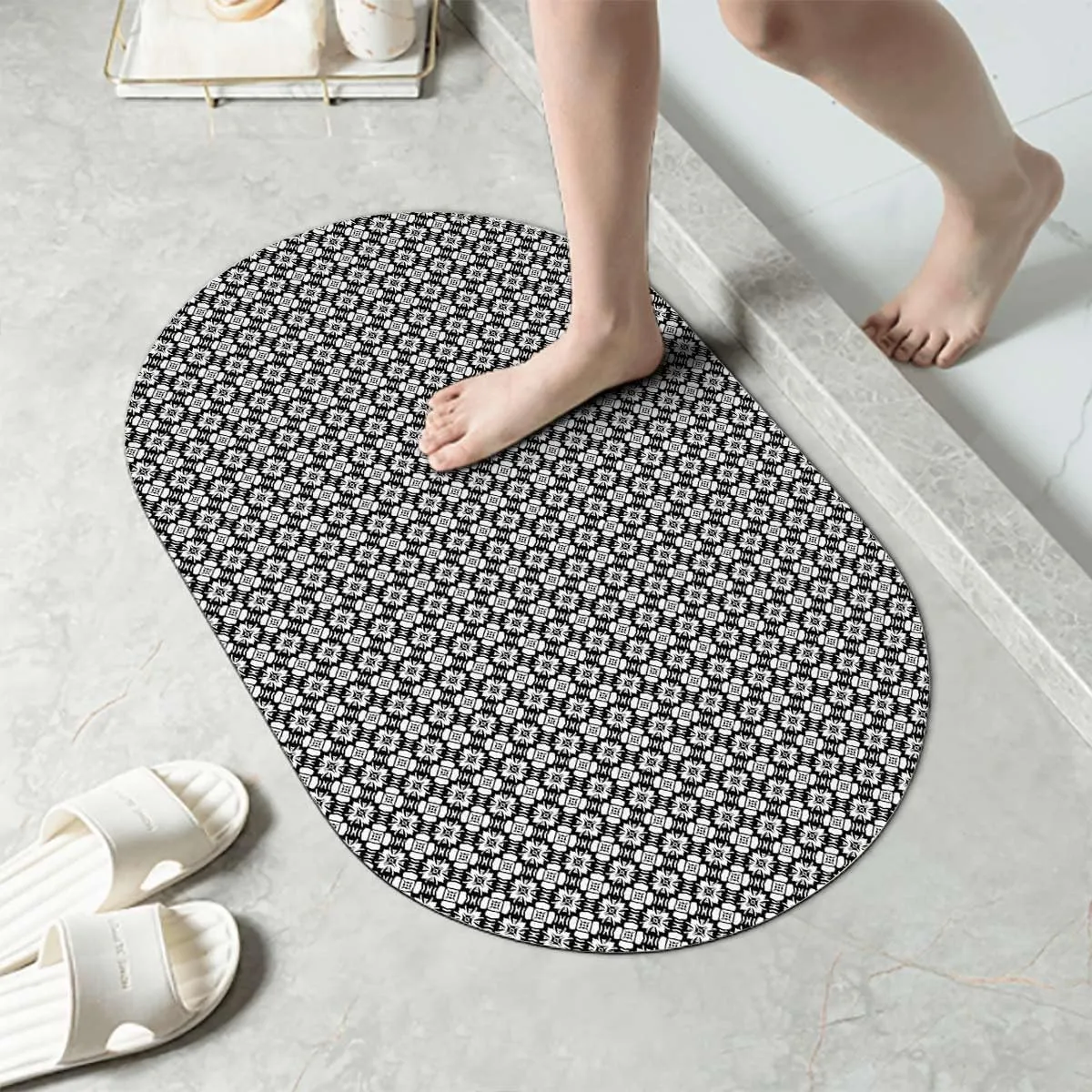 White Black Rubber Diatom Mud Shower Carpet Ancient Oriental Damask Pattern Floral Absorbent Bathroom Floor Mat - Elegant, Natural, Easy to Clean Antique 19.7x31.5 Inches