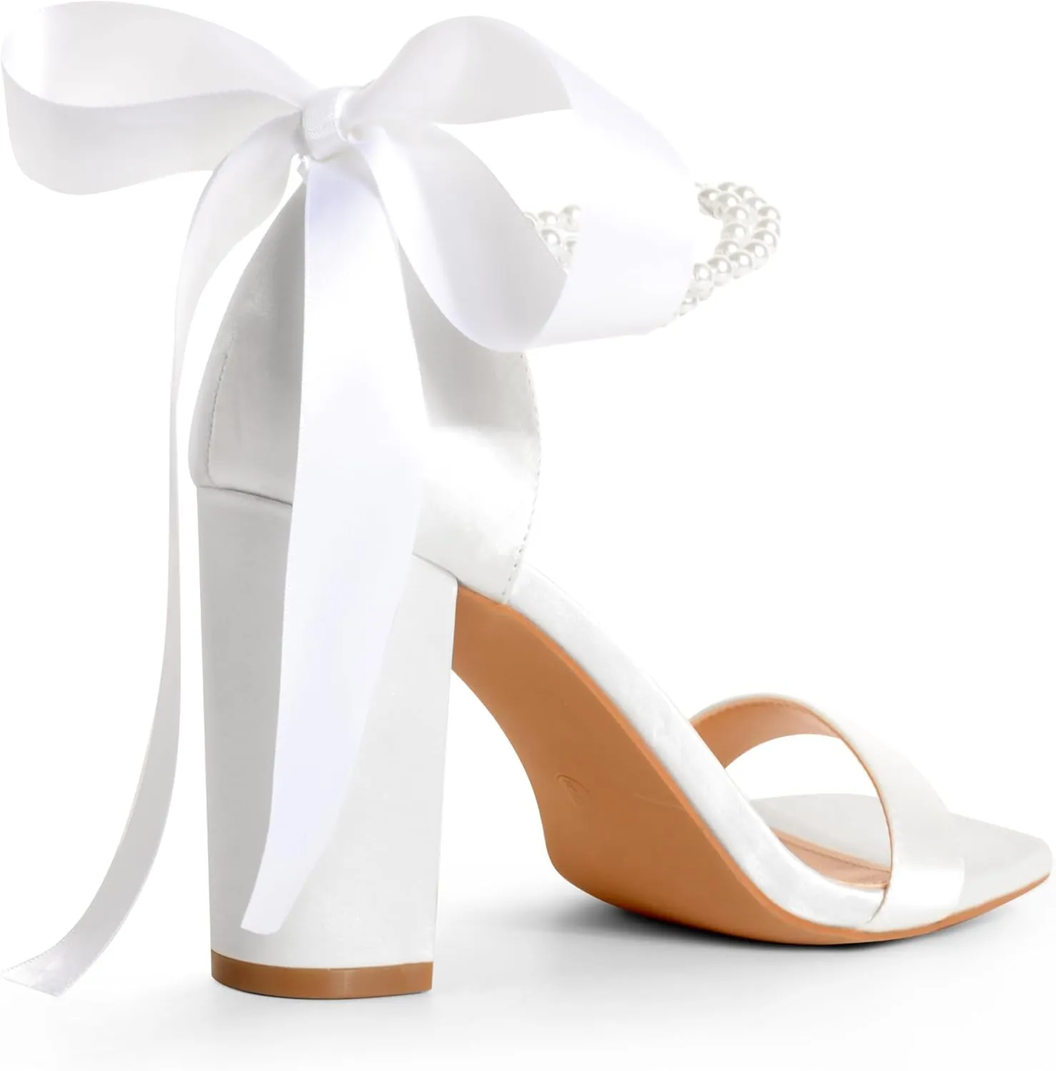 White Block High Heels for Women - Pearl Square Open Toe Chunky Bow Heels - Wedding Bridal Shoes for Prom Party Dress