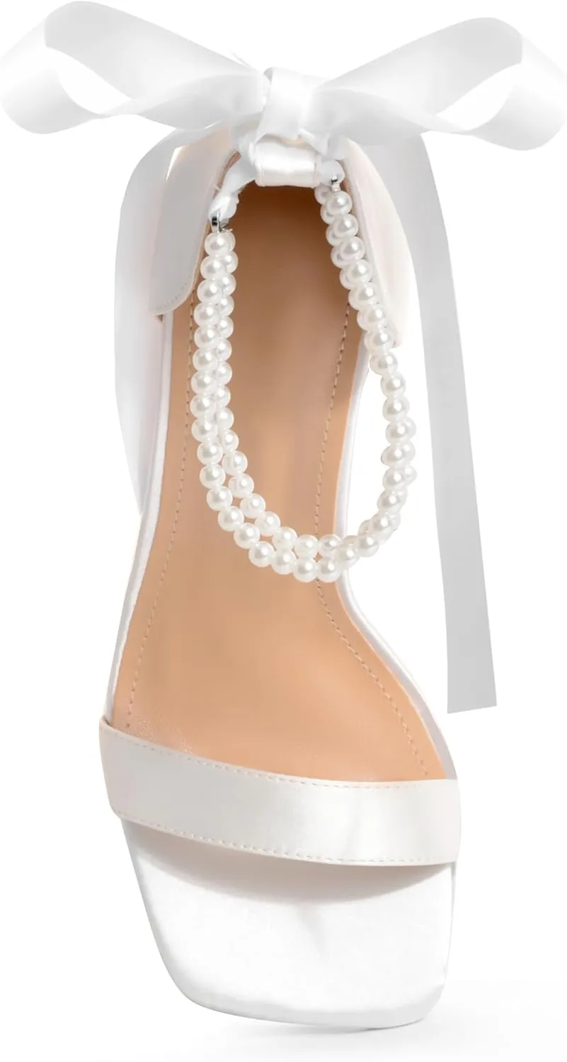 White Block High Heels for Women - Pearl Square Open Toe Chunky Bow Heels - Wedding Bridal Shoes for Prom Party Dress