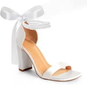 White Block High Heels for Women - Pearl Square Open Toe Chunky Bow Heels - Wedding Bridal Shoes for Prom Party Dress
