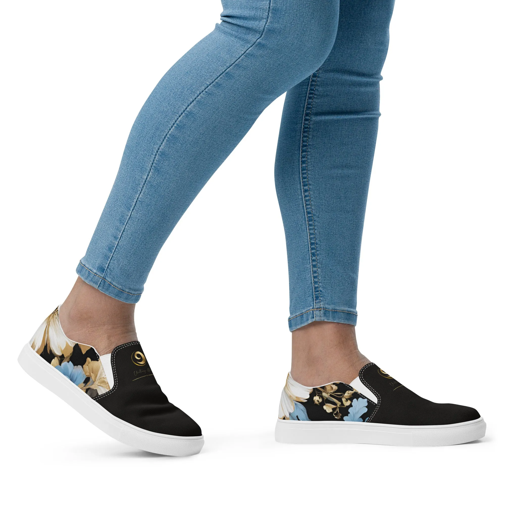 White, Sky Blue and Black Chaitanya Abara Floral Print Slip-on Canvas Shoes