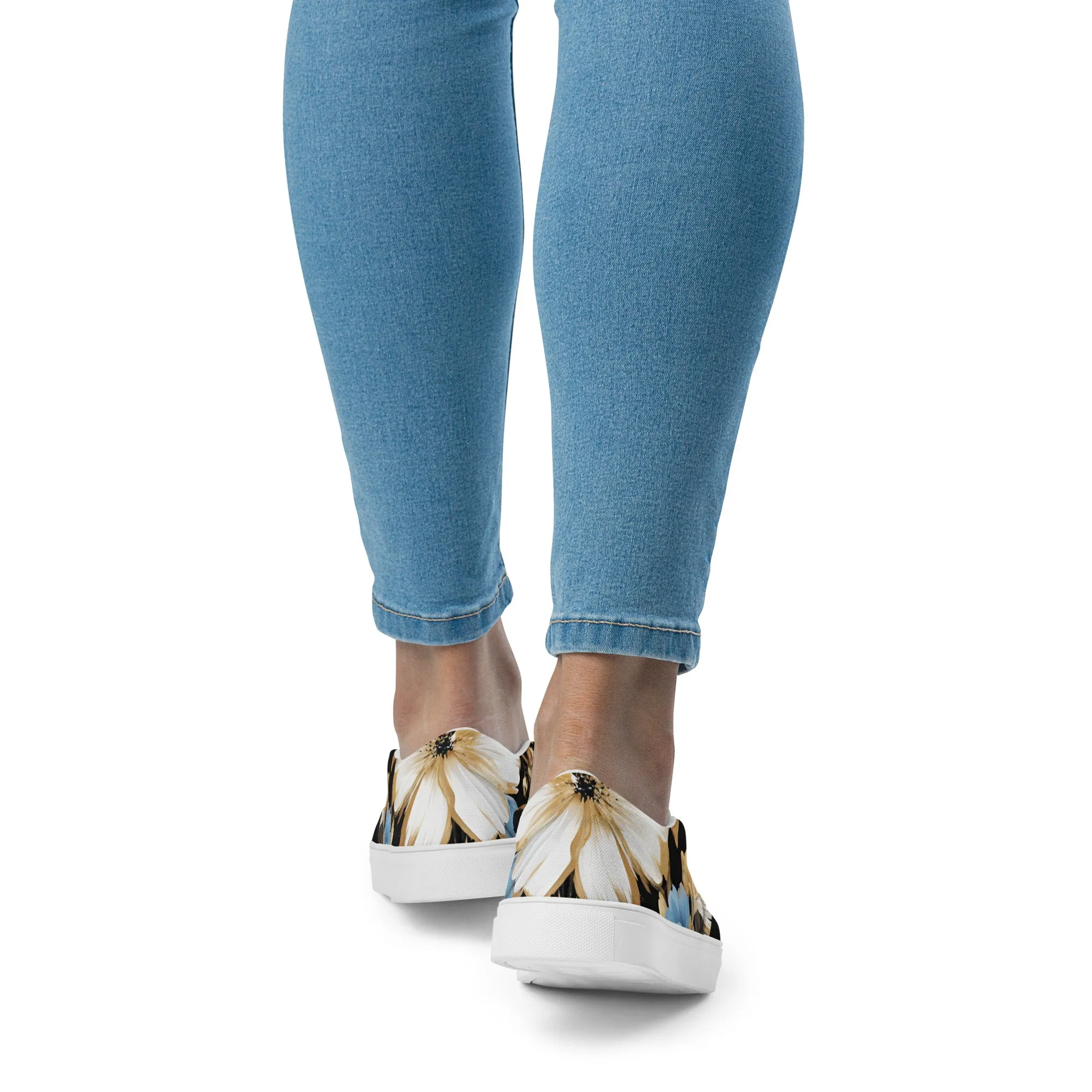 White, Sky Blue and Black Chaitanya Abara Floral Print Slip-on Canvas Shoes