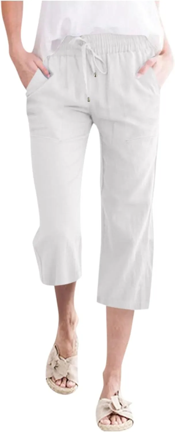 Women Linen Summer Palazzo Pants Flowy Wide Leg Boho Pants Elastic High Waist Work Office Trouser with Pocket