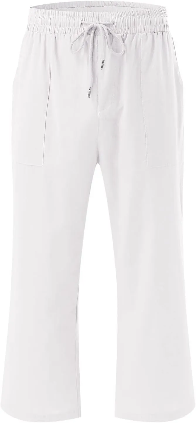 Women Linen Summer Palazzo Pants Flowy Wide Leg Boho Pants Elastic High Waist Work Office Trouser with Pocket